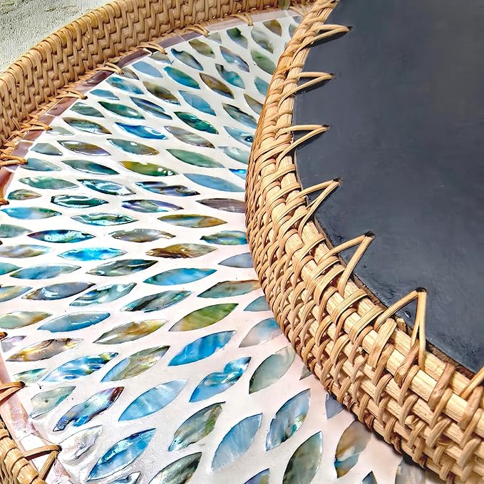 i-lan 18 inch Round Decorative Rattan Serving Platter with Mother of Pearl Inlay,Ottoman Coffee Table Tray Rattan Serving Display for Table Decor,Kitchen Counter Storage of Fruit,Candy.