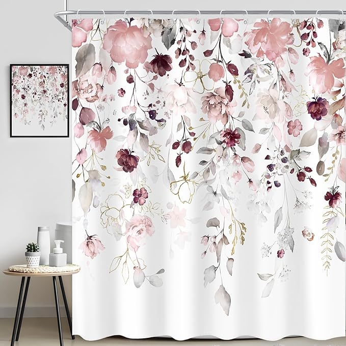 Extra Long Floral Flower Shower Curtain 72Wx78H Inch Grey Pink Floral Blossom Leaves Watercolor Eucalyptus Botanical Plant Girls Bathroom Set Rustic Bath Curtain Bathtub Accessories Home Decor