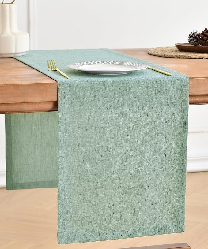 Wracra Linen Style Table Runner, Rustic Farmhouse Christmas Red Table Runners 48 Inches Long, Handcrafted Table Runner for Fall, Winter - Everyday Use and Machine Washable, Light Green 48"