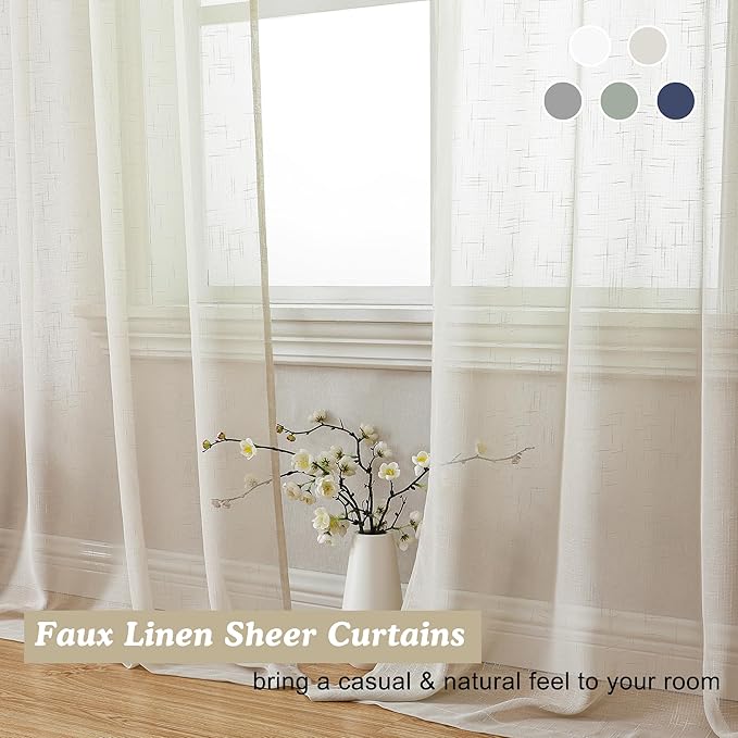 Aiyufeng Natural Sheer Curtains 72 inches Long 2 Panels, Fresh Textured Semi Sheer Natural Linen Breathable Elegant Door Curtains & Drapes for Farmhouse/Living Room/Kitchen, 40Wx72L inch