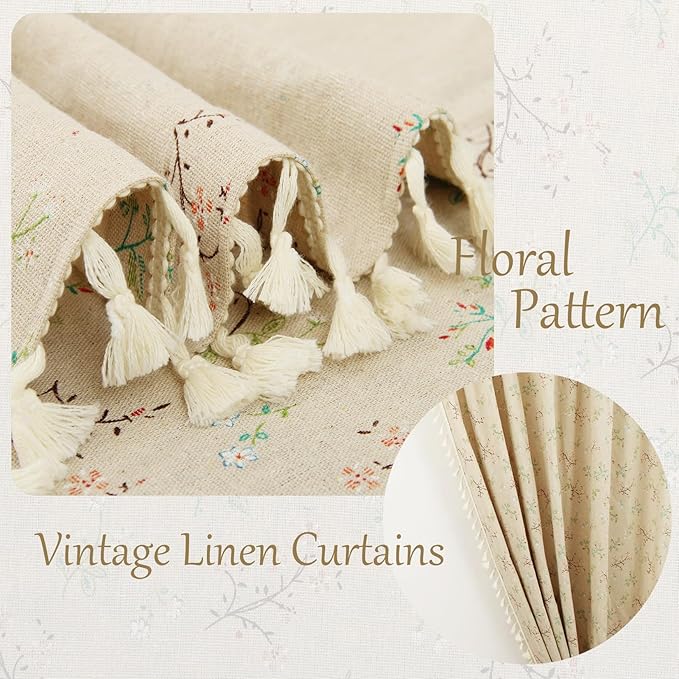 Floral Curtains Farmhouse Curtains for Living Room 84 Inch Length Linen Floral Patterned Curtain Rod Pocket Bedroom Drapes with Tassel, 2 Panels