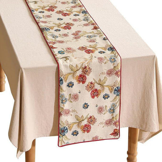 patdrea Designer Farmhouse Linen Thick Table Runner, Rustic Cottage Beige with Floral Pattern Fabric Table Mat, Decoration for Kitchen Dining Coffee Table Banquet Christmas , 12"*71"