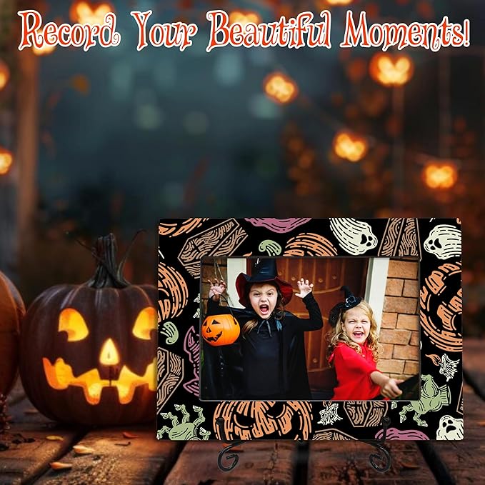 4X6 Halloween Picture Frame With A Metal Stand-Dark Style, Horrible Enchanted Pumpkin Ghost Wooden Photo Frame For Tabletop Display- Gifts for Kids Friends Family, Halloween Theme- A29
