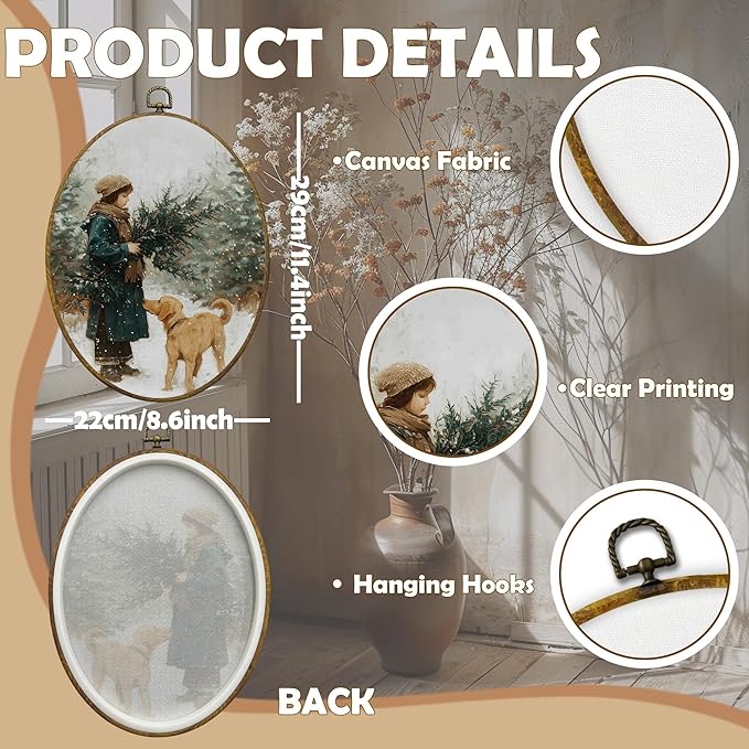 CUANFDDSF Rustic Winter Christmas Scene Oval Wall Art Decor, Winter Forest Girl and Lab Dog Wall Hanging Decor, Cozy Christmas Holiday Framed Canvas Prints for Home Bedroom Living Room, 8.6x11.4 Inch