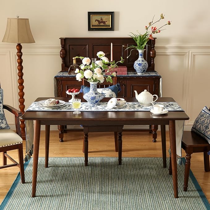 Decorative Small Linen Table Runner 63 Inches Long,Chinoiserie Blue Floral Cloth Runner for Coffee Table Decor Tabletop Table Runners for Kitchen,Dining,Party,Home,Christmas,12"*63"