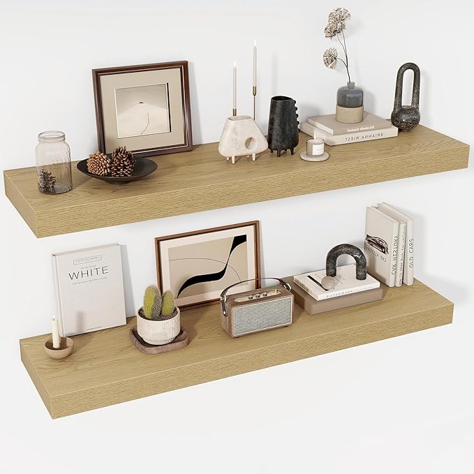 48 Inch Floating Shelves, 12" Deep Floating Shelf Wall Mounted, 48" Wall Shelves, Rustic Deep Bookshelf, Extra Deeper & Thicker Display Shelves for Bedroom, Living Room, Oak, Set of 2