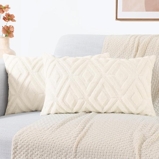 decorUhome Christmas Couch Throw Pillow Covers 12x20 Set of 2, Decorative Soft Plush Faux Wool Lumbar Neutral Accent Pillow Covers for Bed Sofa Living Room, Cream White