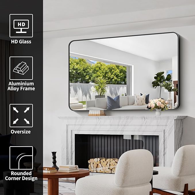 Bathroom Mirror, 55 x 36 inch Black Rectangle Wall Mirror, Metal Frame Rounded Corner Vanity Mirror, Large Wall Mounted Mirrors for Over Sink Bedroom Living Room Horizontal Or Vertical Mounting
