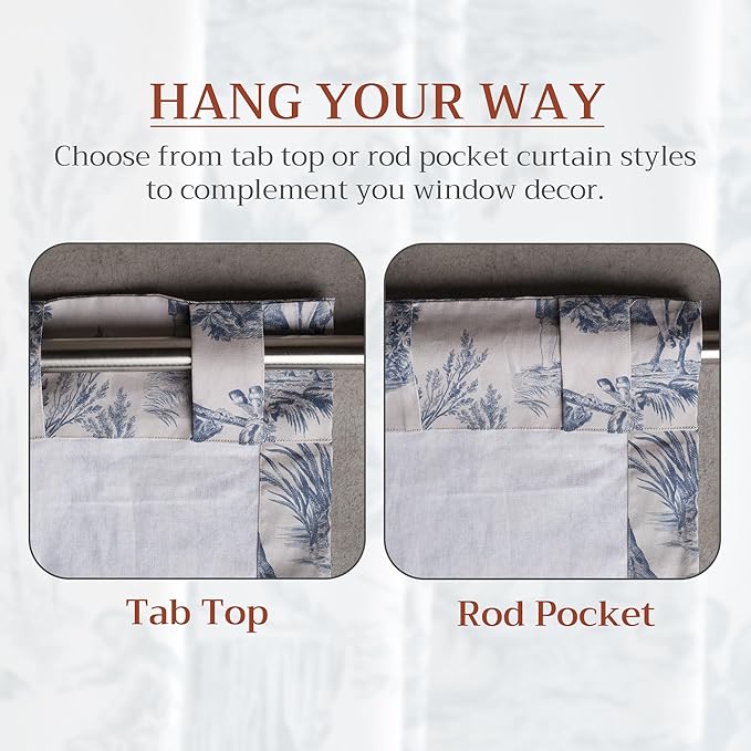 Maison d' Hermine Curtains for Living Room 100% Cotton 96 inch Length One Panel Light Filtering Toile Curtains for Bedroom Windows with Rod and Loop Pockets Drapes (The Miller Denim, 50" W x 96" L)