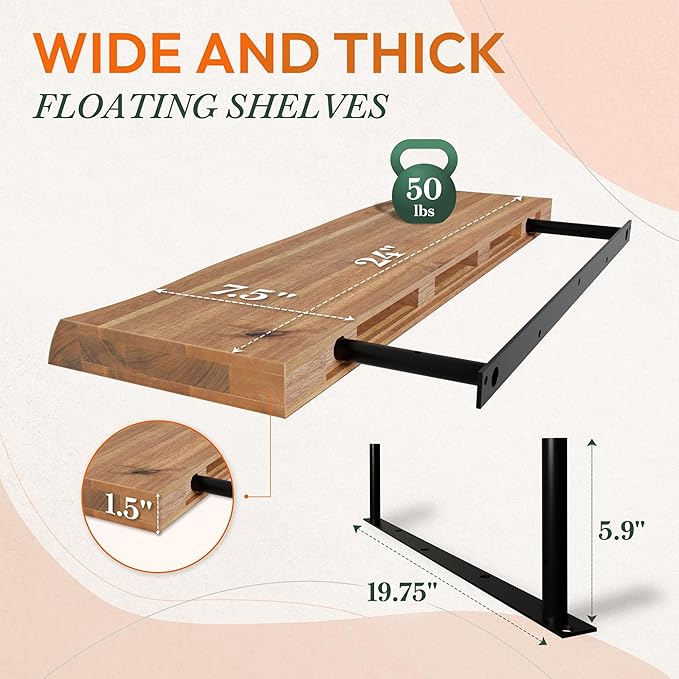 24" Acacia Live Edge Floating Shelves Set of 2 - Wall Mounted Wooden Shelf for Stylish Home Décor - Teak Look Color 24x7.5x1.5 Inches