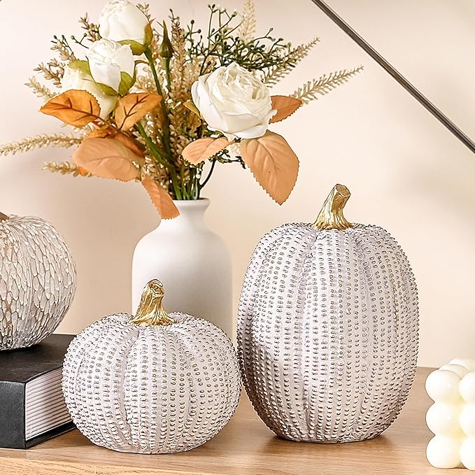 Fall Pumpkin Decor, Resin Pumpkin Figurine Set of 2, Decorative Fake Pumpkin for Decorating, Light Gray and Gold Glitter Pumpkins with Dots for Home Table Centerpiece, Wedding, Thanksgiving