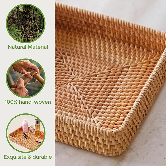 Rattan Serving Tray, Square Woven Storage Basket, Wicker Baskets for Organizing, Natural Wicker Decorative Serving Baskets for Organizing Tabletop Bathroom Kitchen Counter Square