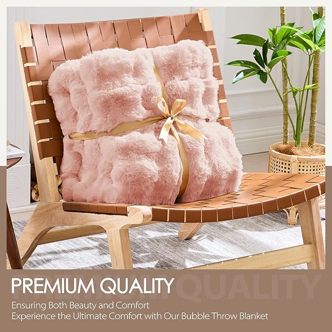 Luxury 1000GSM Faux Rabbit Fur Throw Blanket, Super Heavy Warm Cozy Blankets for Couch Bed Sofa, Bubble Plush Fuzzy Elegant Soft Reversible Mink Blanket for Living Room Bedroom, Pink
