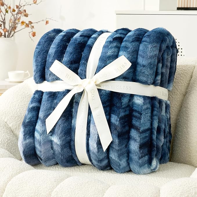 Cozy Bliss Faux Fur Throw Blanket for Couch, Cozy Warm Plush Striped Blanket for Sofa Bedroom Living Room, 60 * 80 Inches Tie-dye Blue
