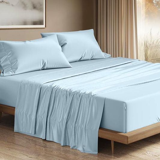 THREAD SPREAD 100% Egyptian Cotton Sheets California King Size - 1200 Thread Count 4 PC Cal King Sheets Egyptian Cotton, Cooling Sateen Sheets, High Thread Count Sheets California King - Light Blue