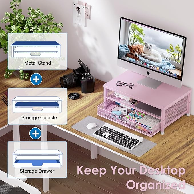 Desk Organizers and Accessories, 2-Tier Computer Monitor Stand Riser with Drawer, Laptop Stand, Office Desk Accessories, Workspace Desktop Organizer for Office Supplies, Pink