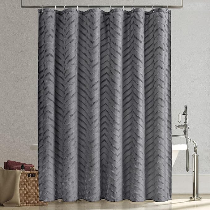 Extra Long Grey Boho Shower Curtain 96 Inch Grey Tufted Chevron Striped Fabric Shower Curtains for Bathroom Modern Shabby Chic Waterproof Cloth Shower Curtain Set with Hooks
