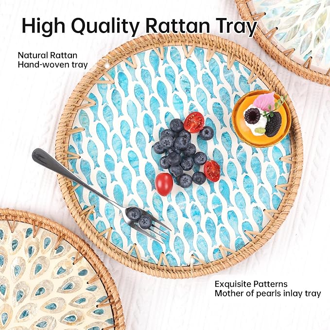 Round Rattan Tray with Mother of Pearl Inlay, Rattan Serving Tray for Coffee, Bread, Fruits, Decorative Wicker Tray for Table Decor, Home Decor, Kitchen Island Decor (Turquoise Fish, 11.8")