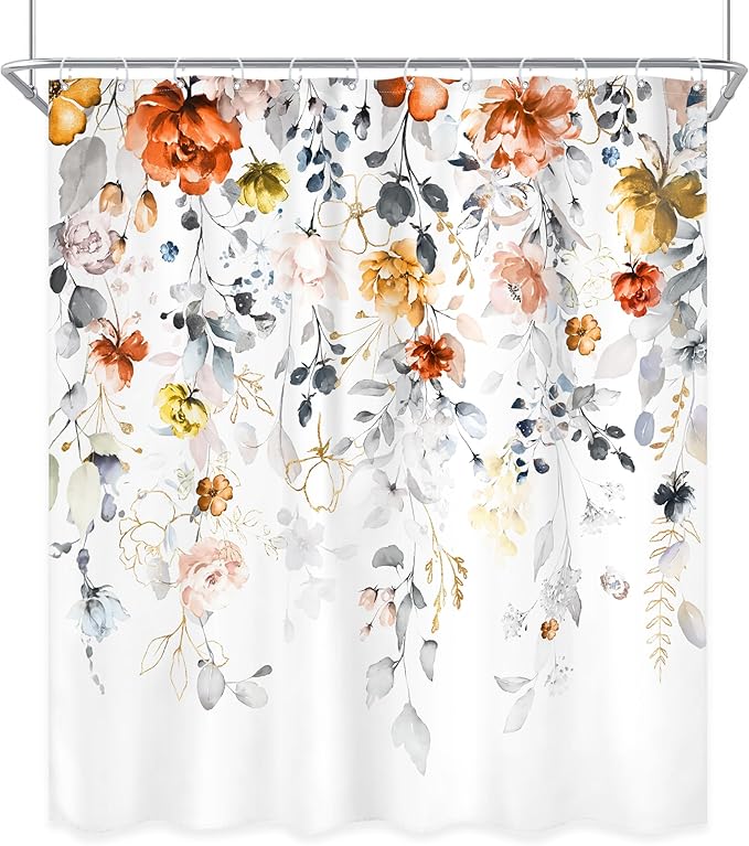 Yellow Orange Floral Shower Curtain 60Wx72L Inch Flower Pastel Watercolor Rustic Eucalyptus Leaf Bathroom Set Country Plant Botanical Shabby Bath Curtain Bathtub Accessories Home Decor
