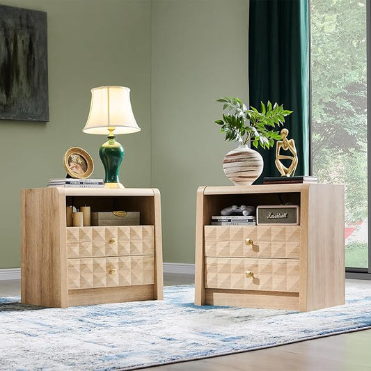 Modern Night Stand Set 2, 23.62" Wide Wood Side Table w/2 Storage Drawers &Open Shelf &Charging Station, Mid Century Modern Bedside w/Diamond Panel Decorate for Bedroom, Curved Profile Design, Natural