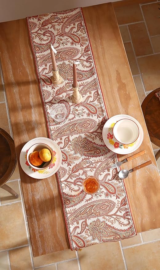 ISAENNE Designer Elegant Red Linen Table Runner 71 Inches Long,Vintage Paisley Pattern Durable Table Runners for Dining Tables,Thanksgiving,Kitchen Tables,Christmas,12"*71"-Chauffrey A