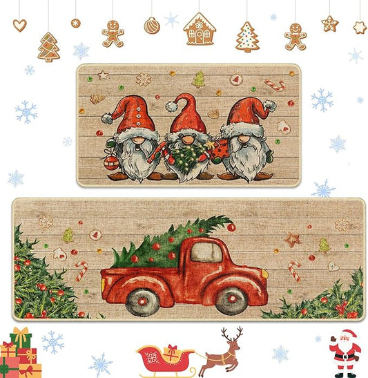 Christmas Truck Gnome Kitchen Rugs and Mats Non Skid Washable Set of 2, Xmas Kitchen Mats for Floor Decor