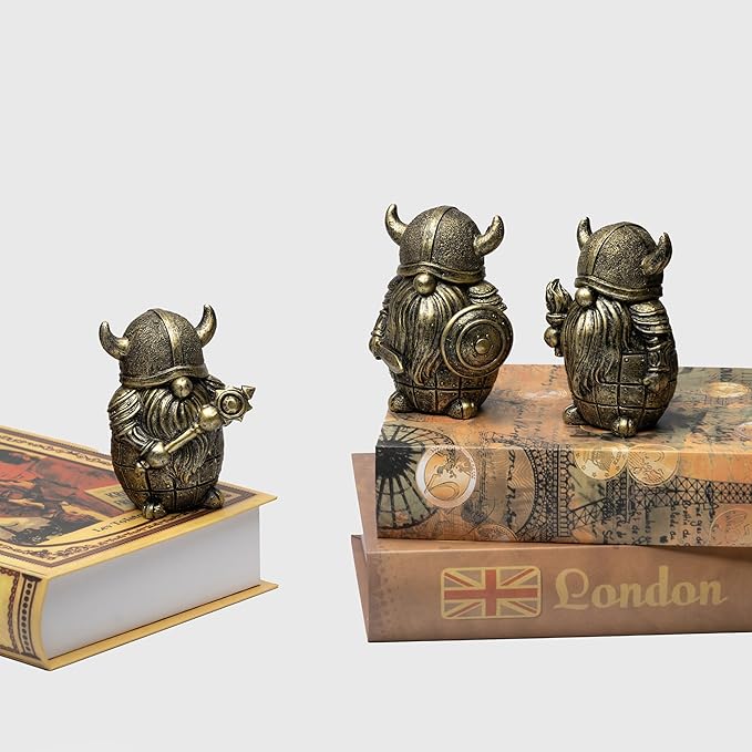 3PCS Viking Warrior Gnome Figurines Set-Viking Decor Home Ornament Mini Gnomes for Table,Shelves,Cabinet (Gold)