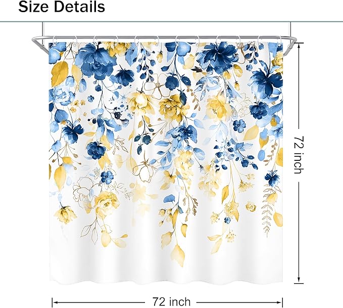 Blue and Yellow Floral Shower Curtain 72Wx72L Inch Watercolor Flower Eucalyptus Leaf Plant Gold Pastel Botanical Wildflower Bathroom Set Pretty Girls Bath Curtain Bathtub Accessories Home Decor