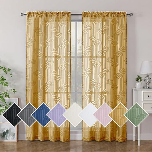 Simplebrand Sheer Gold Curtains 72 Inches Long 2 Panels for Window, Geometric Mid Century Light Filtering Semi Sheer Curtains for Front Back Patio Glass Door with Rod Pocket, 42" Wx72 L