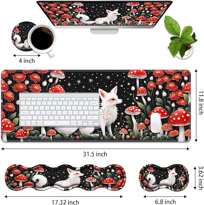 4 in 1 Ergonomic Memory Foam Mouse Pad Wrist Rest Set, Large XXL Gaming Desk Pad + Keyboard Wrist Rest + Mouse Wrist Cushion + Coaster for Home Office Study Gaming, White Fox Mushroom