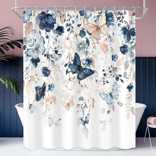 Blue Pink Floral Butterfly Shower Curtain 60Wx72L Inch Spring Summer Plant Natural Botanic Gold Green Leaves Bathroom Set Elegant Country Woman Girl Bath Curtain Bathtub Accessories Home Decor