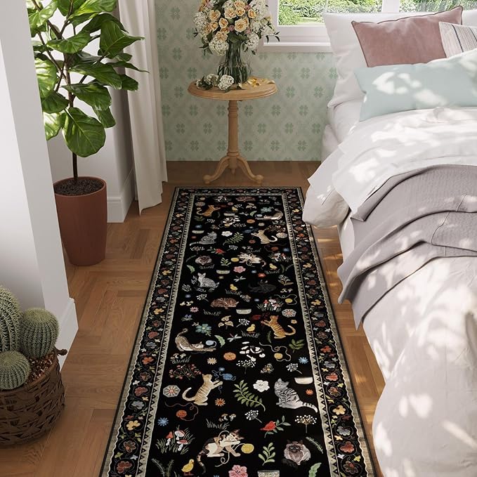 Rugcomf Runner Rug for Kitchen Non Slip 2'6''x8' Washable Rugs with Rubber Backing Soft Floral Animal Cat Carpet Runner for Kitchen Laundry Bedroom Bathroom, Black