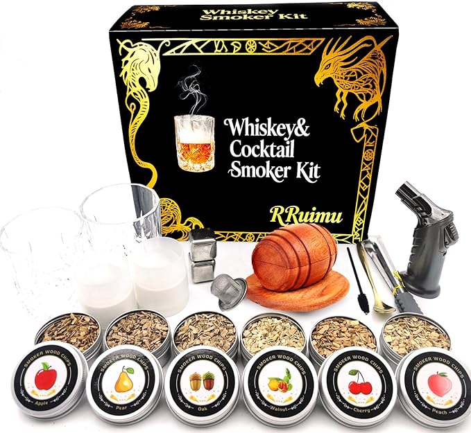 Whiskey Smoker Kit with Torch- 6 Wood Chips, 2 Whisky Glass Sets- Bourbon Cocktail Smoker Set, Old Fashioned Drink Smoker Kit, Ultimate Birthday Gifts for Men, Dad, Husband (No Butane)