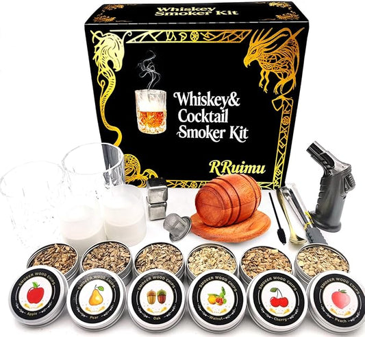 Whiskey Smoker Kit with Torch- 6 Wood Chips, 2 Whisky Glass Sets- Bourbon Cocktail Smoker Set, Old Fashioned Drink Smoker Kit, Ultimate Birthday Gifts for Men, Dad, Husband (No Butane)