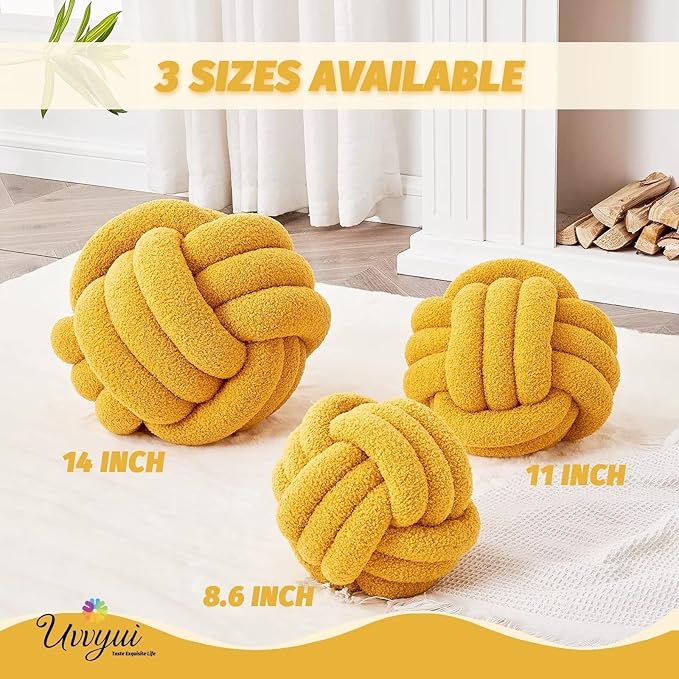 Uvvyui Knot Pillow Ball, Soft Home Decorative Pillows, Round Throw Pillow, Handmade Knotted Plush Pillow, Round Boucle Pillow Cushion (14 Inches Dark Yellow)