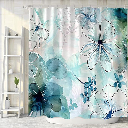 Sanzugh Teal Floral Shower Curtain, Boho Emerald Sage Hunter Olive Green Blue Abstract Flowers Art Cute Fabric Shower Curtains Set for Bathroom Decorative with Hooks 60 X 72 inch Spring Bath Decor