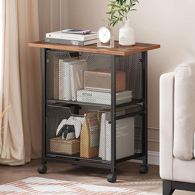 HOOBRO Rolling File Cart, 2 Drawer File Cabinet with 24'' Extended Desktop, Under Desk Mobile Small Filing Cabinet Storage Cart, Printer Stand Utility Cart, for Home Office, Rustic Brown BF41WJ01