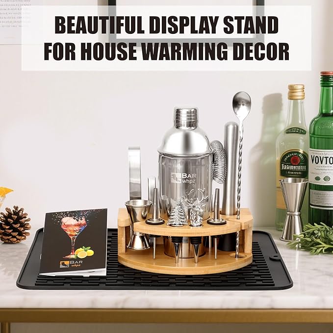 Cocktail Shaker Set Bartender Kit,Mixology Bartender Kit 13-Piece with Bamboo Stand,Professional Cocktails Kit with All Essential Accessory Tools for Drink Mixing Gift(with Silicone Pad)