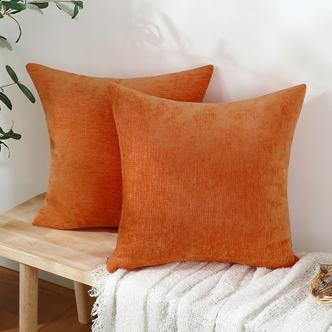 Jeneoo Bright Orange Decorative Throw Pillow Covers Soft Chenille Comfy Square Couch Cushion Cases for Living Room Sofa Decor (Set of 2, 18 x 18 Inches)