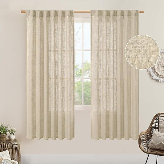 LAMIT Light Filtering Linen Curtains 68 inches Long for Bedroom, Faux Linen Textured Semi Sheer Back Tab and Rod Pocket Boho Modern Drapes for Living Room/Farmhouse, Linen, 2 Panels, 52 x 68 Inch