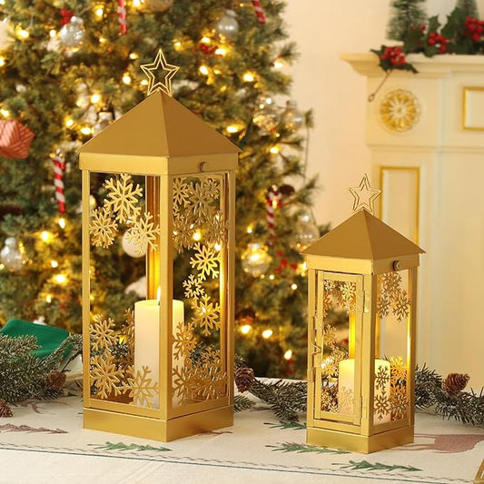 NEEDOMO Christmas Decorations Outdoor&Indoor, 17''/12'' Metal Candle Lantern Decor,Christmas Lanterns with Snowflakes Stars and LED Candle for Home Porch Patio Table Centerpieces, Xmas,No Glass