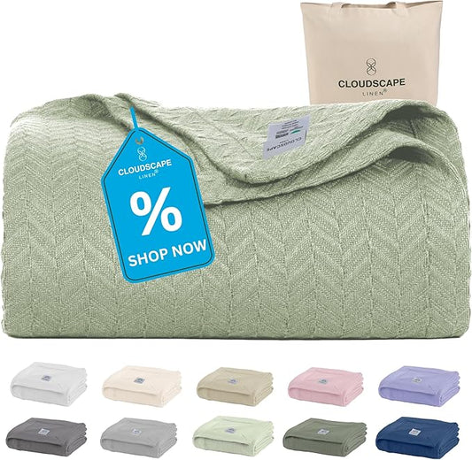 Cloud Scape Linen Herringbone Cotton Throw Blanket for Couch, Bed,Sofa, Home Decor, Soft, Lightweight, All-Season Bed Blanket, 50 x 70, Seafoam Green