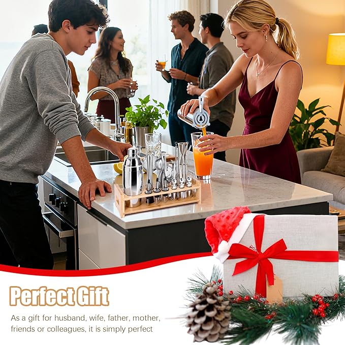 JUSTDOMI 26-Piece Stainless Steel Bar Tool Set Bartender Accessories, Cocktail Shaker Set Bartender Kit with Stand, Cocktails Kit with Muddler for Bar Accessories, Home, Party Cafe Drinks-Style 2