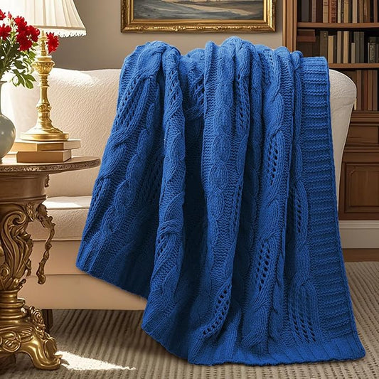 Amélie Home Chunky Knit Throw Blanket, Dual-Sided Soft Chenille Breathable Cable Knitted Blanket for Couch, Farmhouse Decorative Throw for Sofa & Chair, 50"x60", Blue