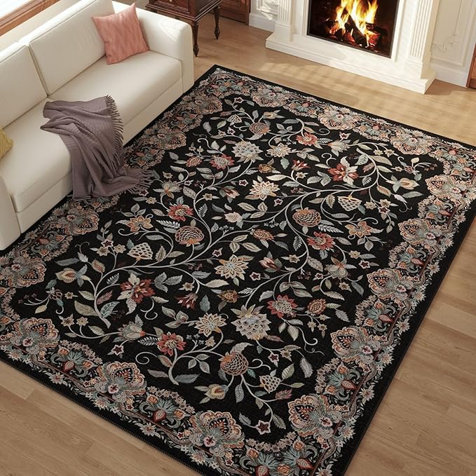 Rugcomf Vintage Paisley Rugs for Living Room 8'x10' - Machine Washable Area Rug, Non-Slip Low Pile Large Floral Carpet for Bedroom, Dining Room, Farmhouse, Office, Kids Playroom - Black
