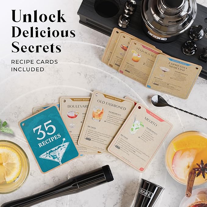 BARE BARREL® Mixology Bartender Kit Bar Set | 16-Piece Cocktail Shaker Set | Martini Barware Mixing Tools for Home Bartending | Incl. 35 Recipe Cards | Gift Set (24oz Cobbler Shaker, Jet Black/Black)