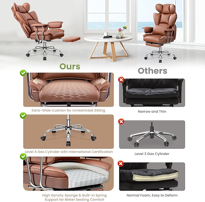 Office Chair 400LBS, Executive Chair High Back Adjustable Managerial Home Desk Chair with Footrest, Big and Tall Office Chairs with Lumbar Support, Brown