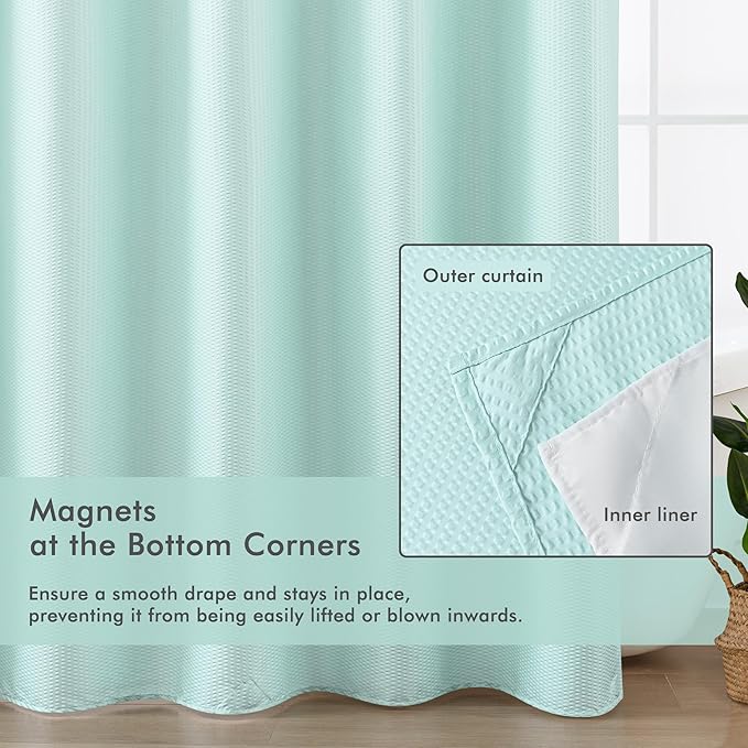 Mrs Awesome No Hook Shower Curtain with Snap-in Liner, Embossed Waffle Design Fabric Shower Curtain for Bathroom, Soft & Lightweight, 71x74, Sky Blue