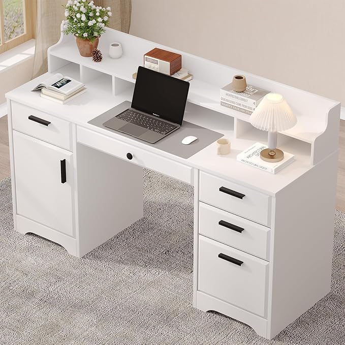 Executive Desk with Hutch, 58 Inch White Computer Desk with 5 Drawers, Home Office Desk with Storage, Rustic Desk with Adjustable Shelves and Storage Cabinet for Bedroom
