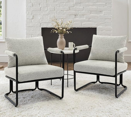 Mid-Century Modern Accent Chairs Set of 2, Comfy Upholstered Lounge Arm Chairs with Chenille Fabric for Living Room, Bedroom, Apartment, Reading Corner, Office, Light Grey